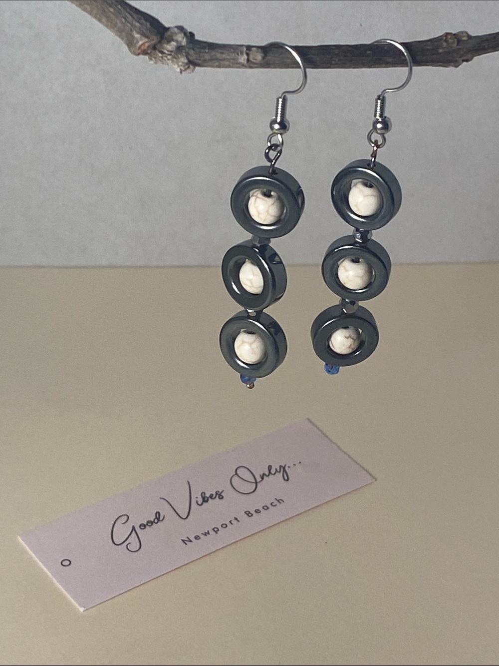 Good Vibes 😎 Only Hematite Howlite and blue Crystal drop earrings!